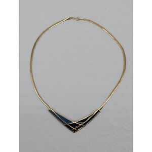 Vintage Avon Gold Tone Black Enamel V-Shape Chevron Herringbone Chain Necklace